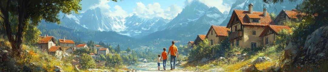 Obraz premium Scenic mountain village view with a parent and child walking on a country road. Generative AI