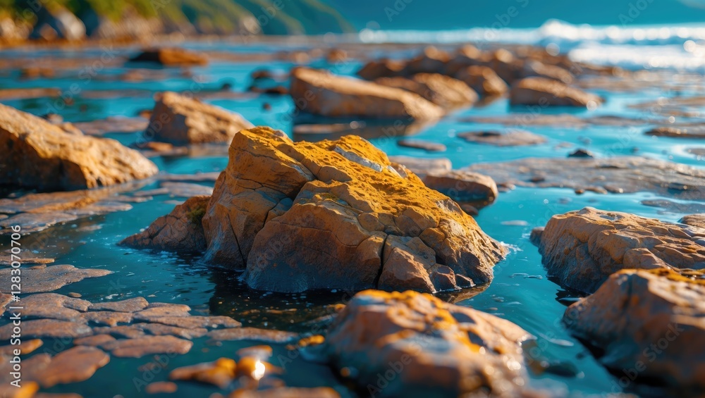 Poster close-up of textured marine rocks surrounded by shallow water at low tide with scenic coastline in t