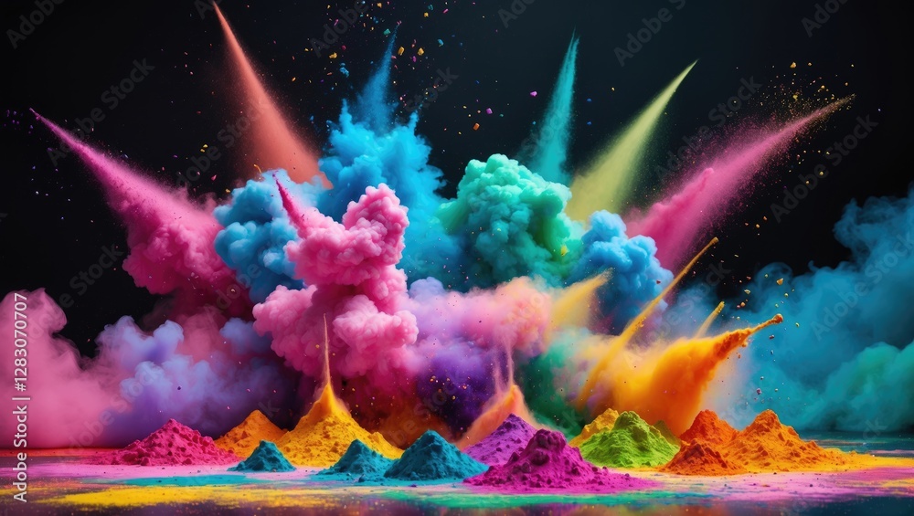 Poster dynamic color powder explosion creating a vibrant cloud on a black background showcasing the beauty 