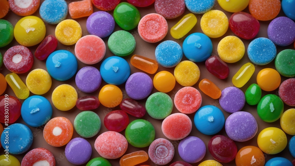 Poster vibrant assortment of colorful candies creating a playful and sweet background ideal for desserts or