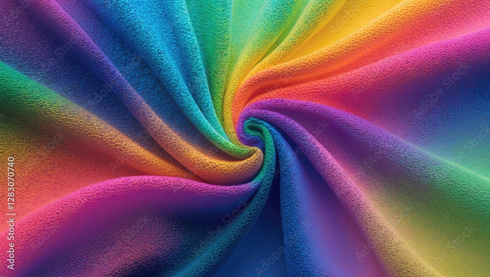 Aufkleber Vibrant swirling fabric texture creating a colorful gradient background with a soft noise effect for artistic design use.