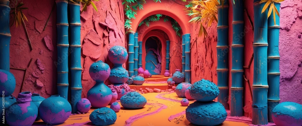 Poster vibrant clay environment featuring bamboo textures and colorful abstract elements in a surreal artis
