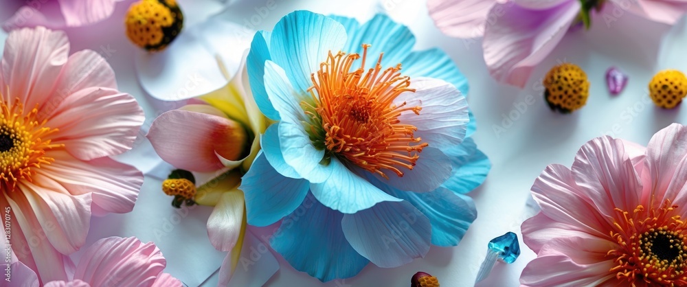 Poster vibrant arrangement of colorful artificial flowers with blue and pink petals on a soft white backgro
