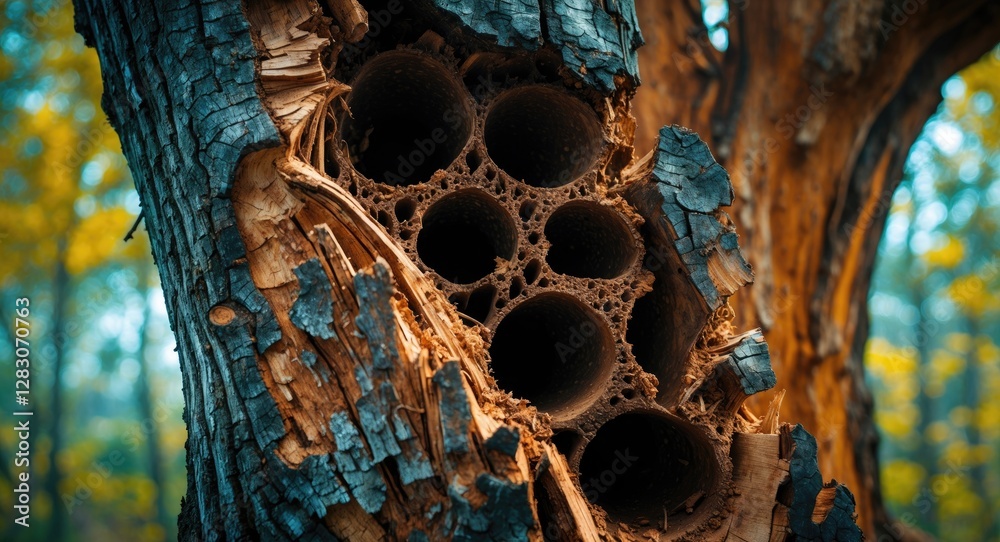 Aufkleber Close up of intricate texture and structure of termite nests in decaying trunk of an old tree with blurred forest background.