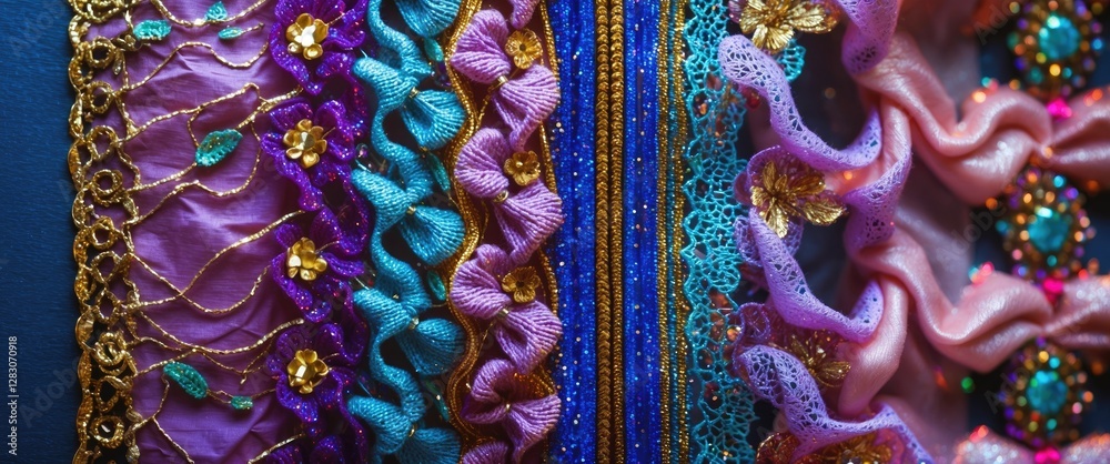 Poster colorful textile background featuring intricate lace patterns, metallic embroidery, and decorative e