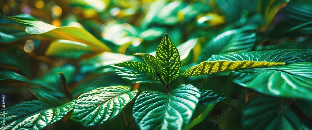 Aufkleber close-up of vibrant green leaves showcasing intricate patterns with selective focus highlighting nat