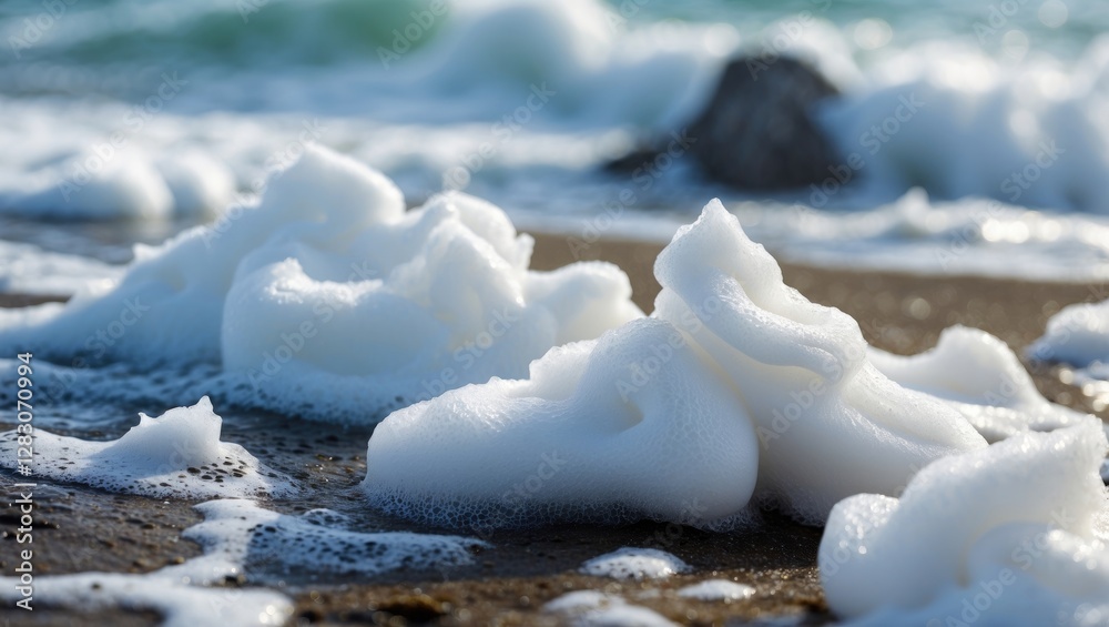 Poster soft white sea foam gently lapping against the shore with sunlight reflecting on the water in a sere