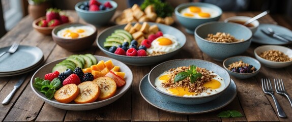 Colorful Healthy Breakfast Spread Featuring Fresh Fruits, Eggs, and Granola on Wooden Table. Perfect for Nutrition and Meal Planning Themes.