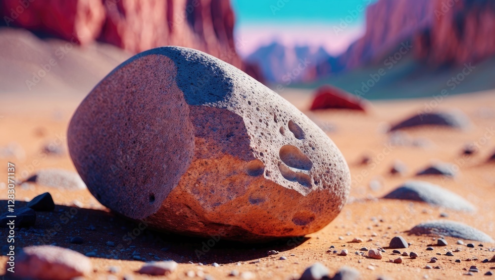 Poster closeup of a textured stone on desert landscape with vibrant rock formations in the background under