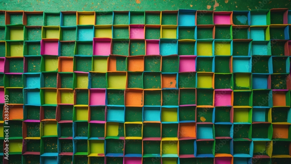 Aufkleber Vibrant grid pattern featuring colorful squares on a textured green backdrop creating a lively and artistic visual effect