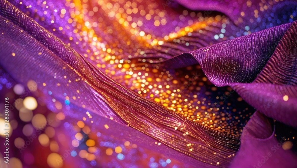 Aufkleber Abstract close-up of shimmering purple and orange fabric with textured patterns and soft bokeh creating a vibrant and dreamy atmosphere