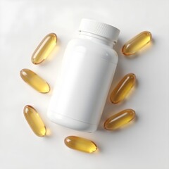 White plastic supplement bottle with golden softgels on a white background, studio shot for product presentation