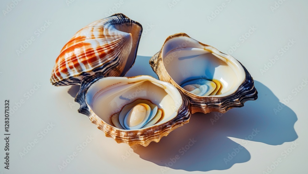 Aufkleber Colorful clam shells displayed elegantly on a white background showcasing natural patterns and textures in a serene composition.
