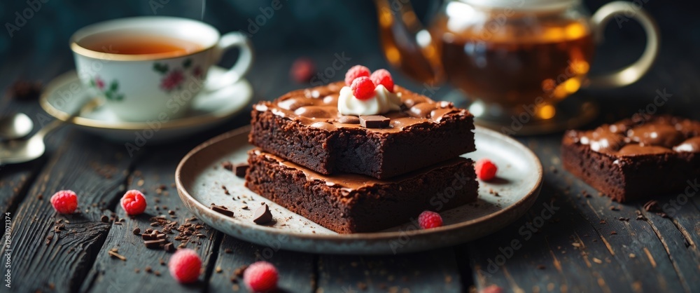 Aufkleber gourmet chocolate brownie served with tea on a rustic wooden table showcasing a delightful breakfast