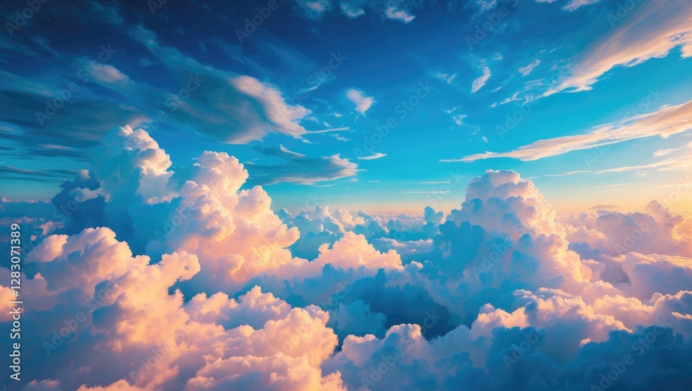 Poster majestic clouds against a vibrant blue sky creating a serene and uplifting atmosphere for background