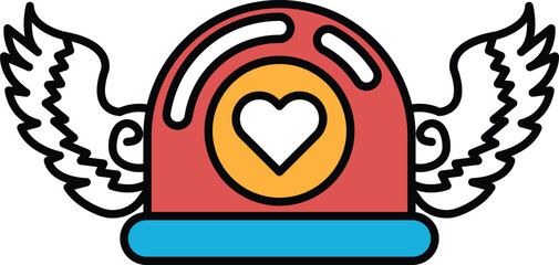 A red hat with a heart and wings on it