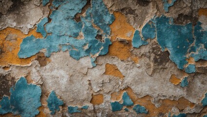 Peeling paint and textured grunge wall surface with blue and orange hues creating a vintage and weathered appearance for background use