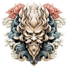 A Vivid and Fearsome Dragon Samurai Mask in Ignorant Art Style