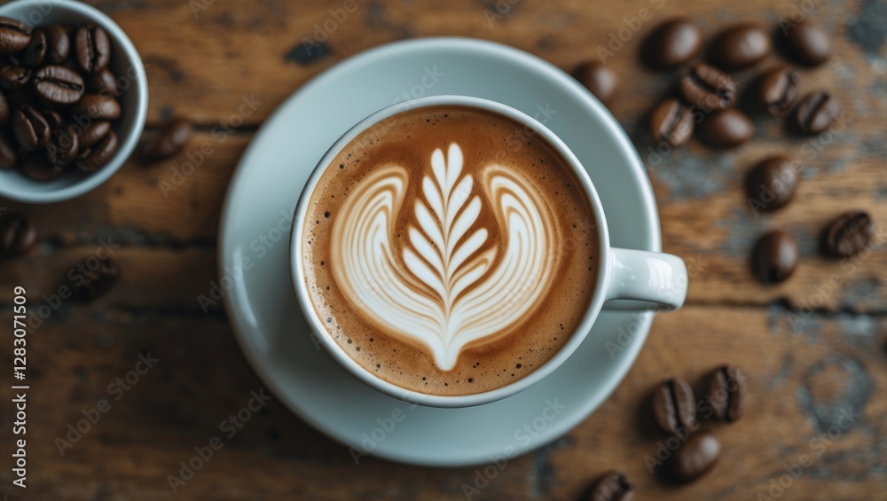Poster Top view of latte art in a white coffee cup on a rustic wooden table surrounded by coffee beans and a small bowl of beans. Vintage style.