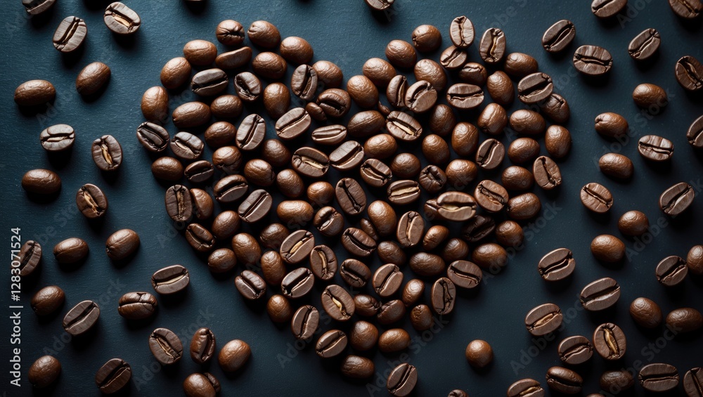 Poster heart-shaped arrangement of coffee beans on a dark background with ample copy space for a beverage o