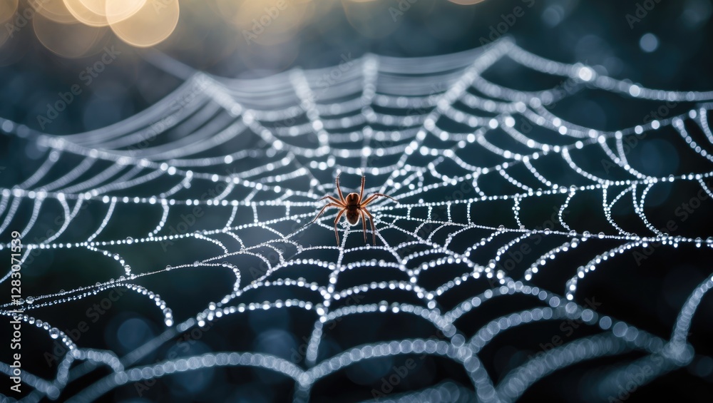 Poster Close up view of a spider web adorned with dew drops featuring selective focus and a bokeh background in natural light.