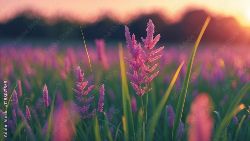 Poster serene sunset over a vibrant grass field with soft focus on delicate purple flowers creating a tranq