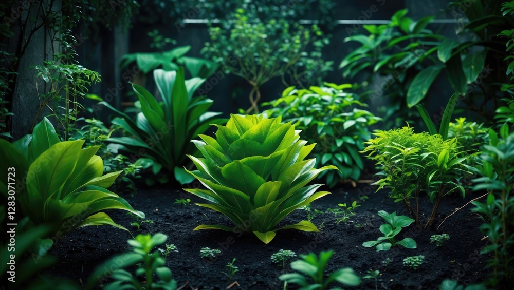Aufkleber Lush Green Vegetation in a Dark Garden Creating a Serene and Inviting Atmosphere in Botanical Photography