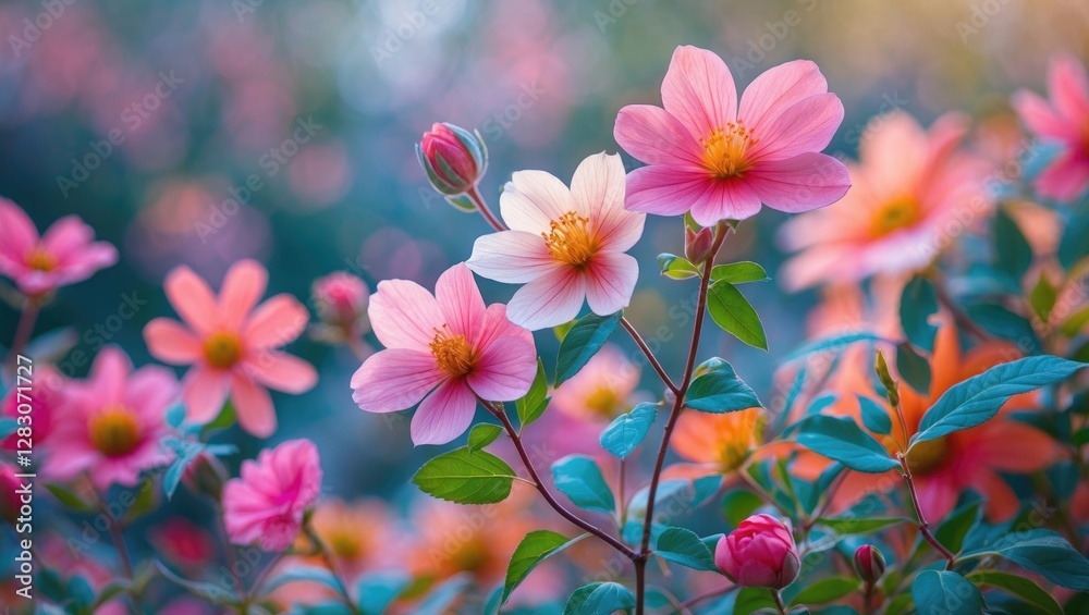 Poster vibrant pink and white flowers amidst a soft blurred background creating a serene and colorful flora