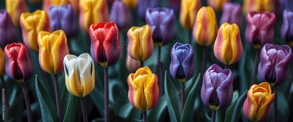 Poster vibrant multicolored tulips blooming in a lush garden creating a stunning floral display and a cheer