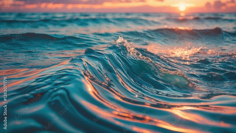 Poster Waves and ripples on the ocean at sunset creating a tranquil scene with warm colors reflecting on the water surface.