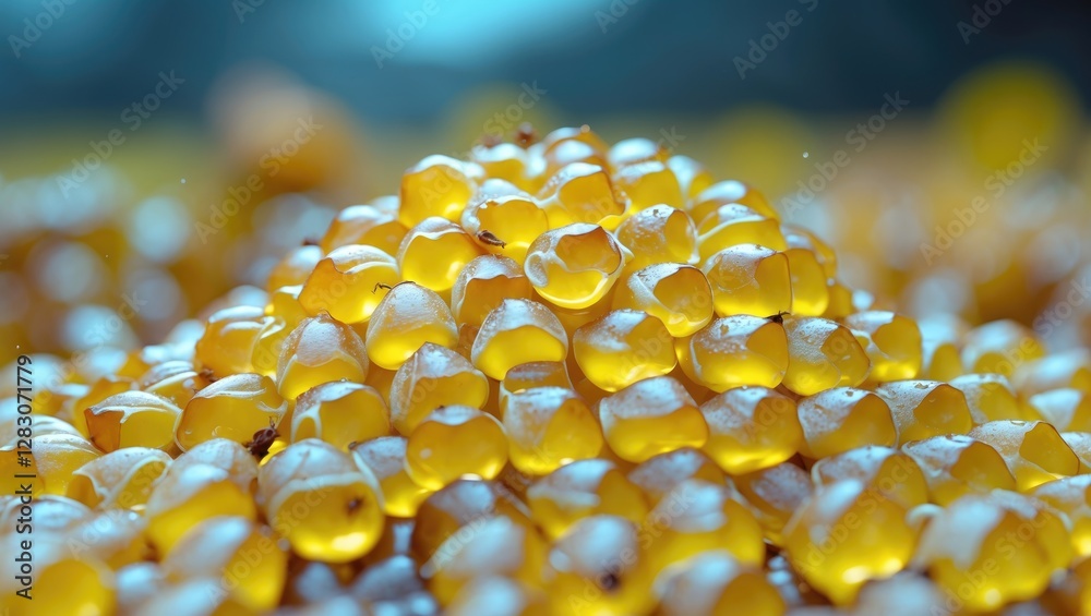 Poster Close-up of honeydew pile showcasing glistening texture with a softly blurred background emphasizing its vibrant color and freshness.