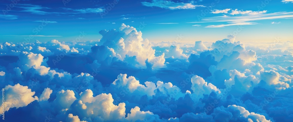 Poster Vibrant blue sky with soft white clouds creating a tranquil and serene atmosphere for backgrounds and nature-themed projects.