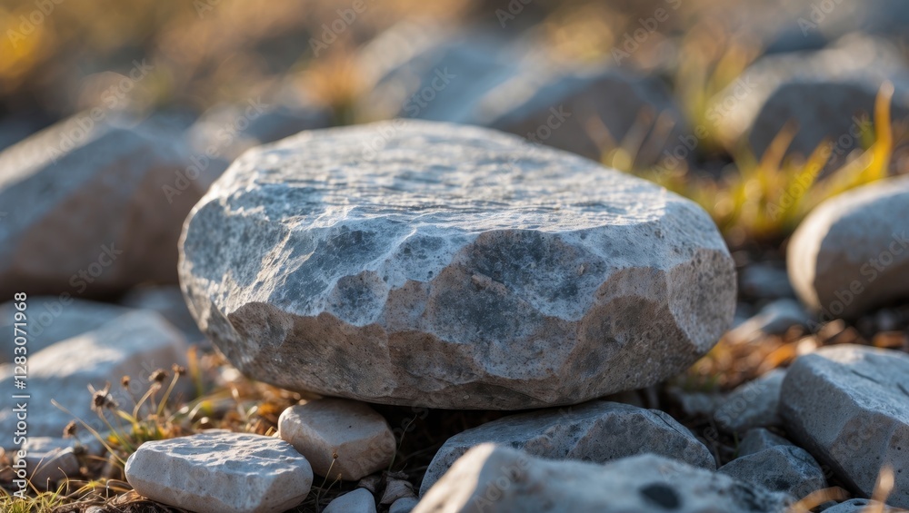 Poster Close-up view of a textured stone surrounded by smaller pebbles in a natural outdoor setting with soft sunlight highlighting the surface.