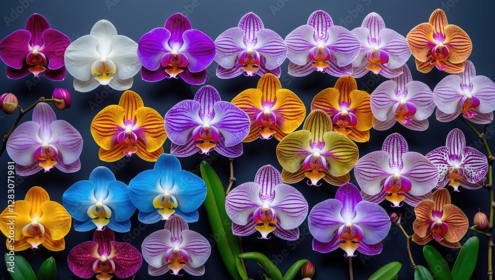 Aufkleber Vibrant display of various blooming orchids showcasing an array of colors ideal for travel and seasonal themes.