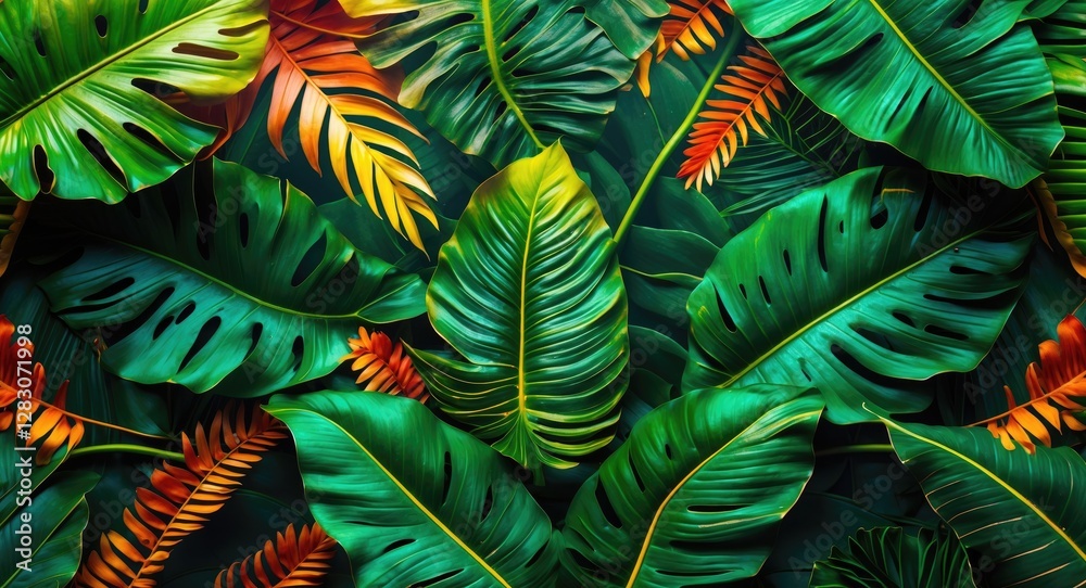 Poster vibrant tropical green leaves creating a lush textured background ideal for nature themes and design