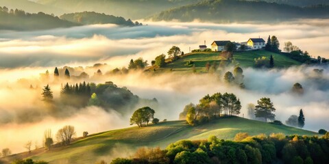 Obraz premium A serene hillside near a village shrouded in morning mist with trees standing tall amidst the foggy atmosphere, village, morning