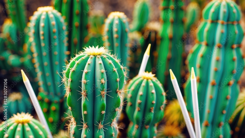 Aufkleber Vibrant close-up of green cacti with sharp spikes in a natural environment showcasing their unique textures and colors.