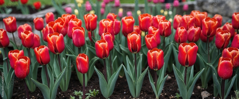 Poster vibrant red tulips in full bloom create a striking display in a charming north idaho garden setting.