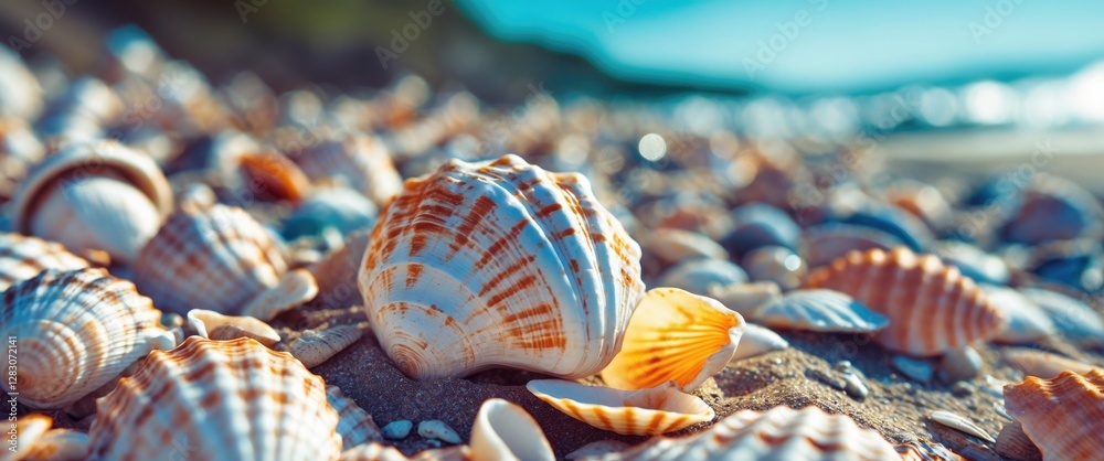 Poster close-up view of a sandy beach adorned with a variety of colorful seashells under natural sunlight s