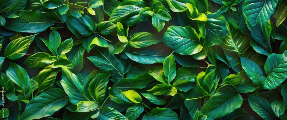 Poster lush green leaves background with varying textures and shades creating a vibrant natural foliage pat