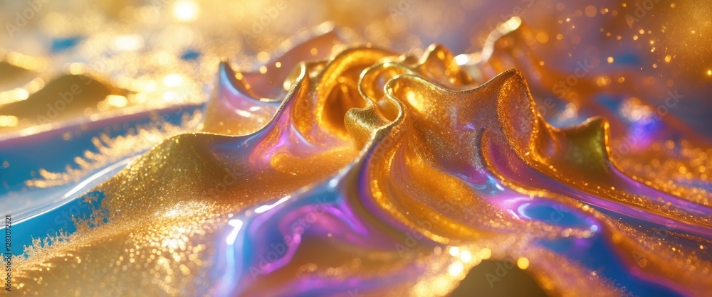 Poster shimmering golden abstract waves with vibrant colors and dynamic textures creating a visually captiv