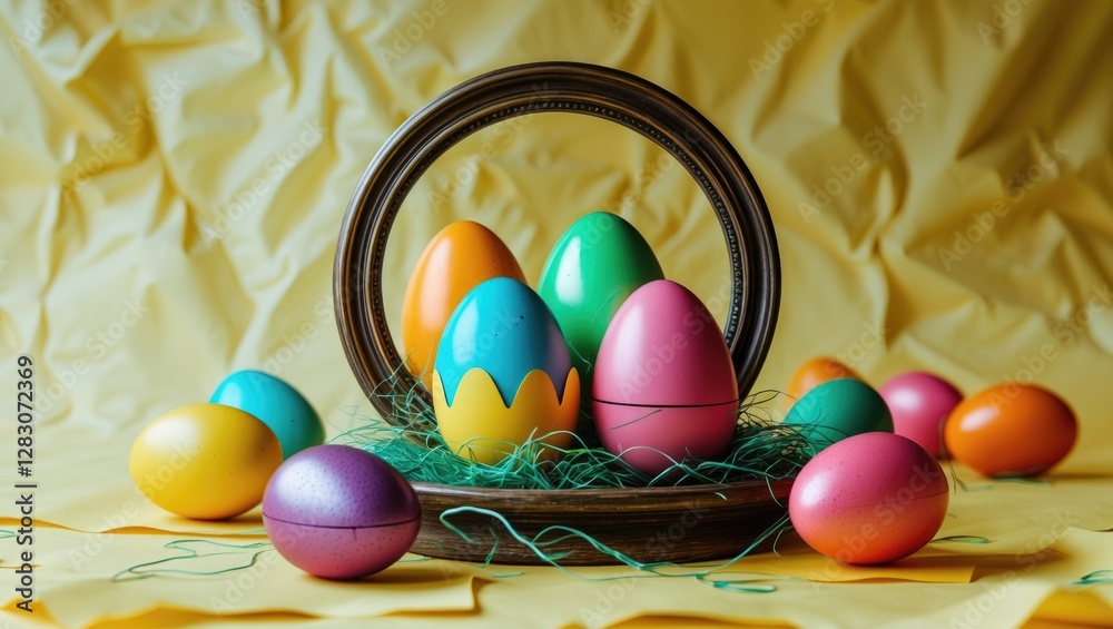 Poster Colorful Easter eggs arranged in a round frame atop a textured yellow background creating a festive and cheerful atmosphere.