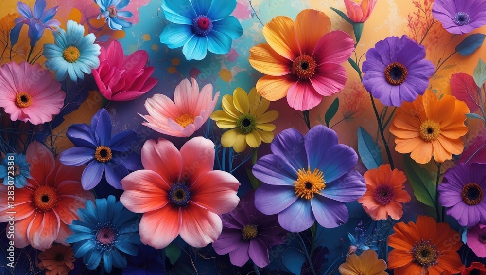 Poster vibrant abstract floral background featuring an explosion of colorful flowers in various styles and 