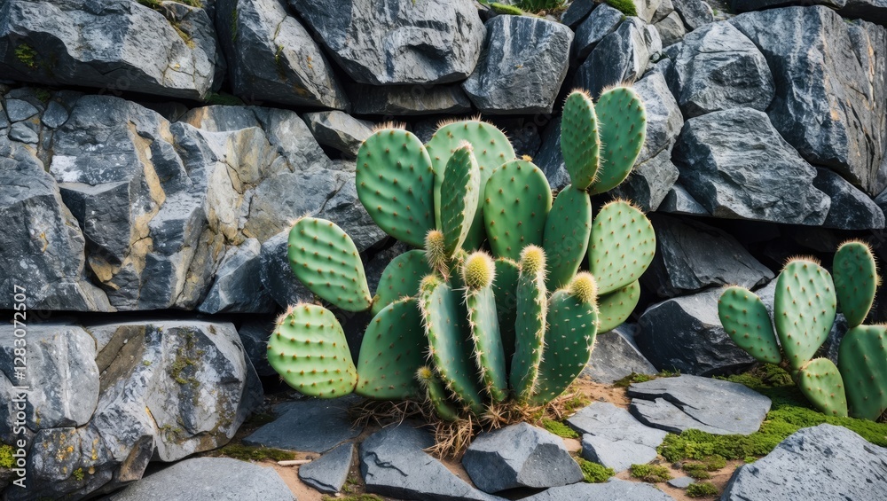 Poster basalt rock wall with vibrant green cactus plants in jeju showcasing a natural contrast in texture a