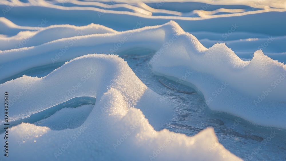 Poster intricate patterns of icy snow formations created by wind and sunlight during a winter landscape in 