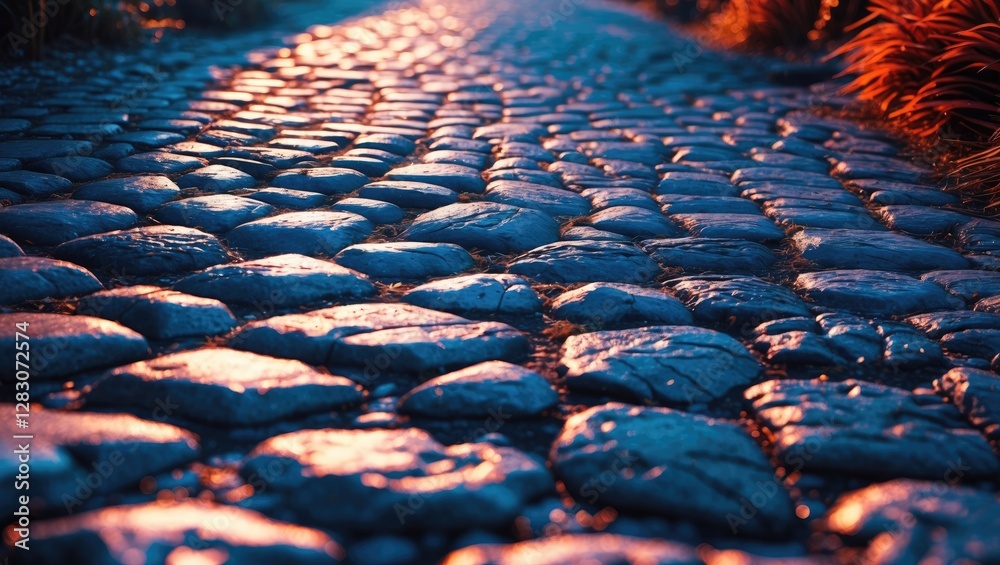 Poster Cobblestone path with intricate texture illuminated by warm evening light perfect for backgrounds and design elements.