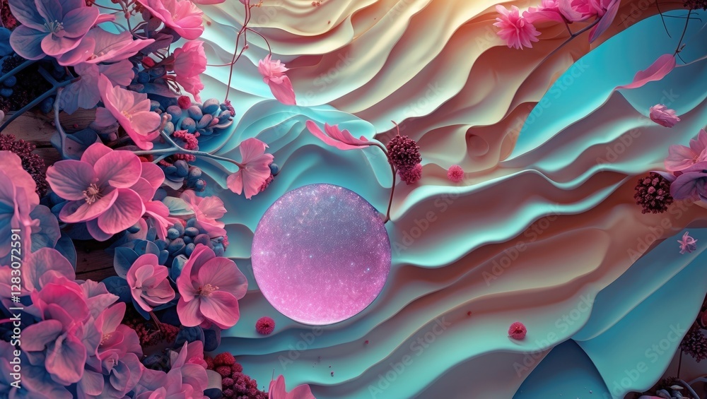 Poster colorful abstract floral design with surreal flowing shapes and a central glowing sphere, perfect fo