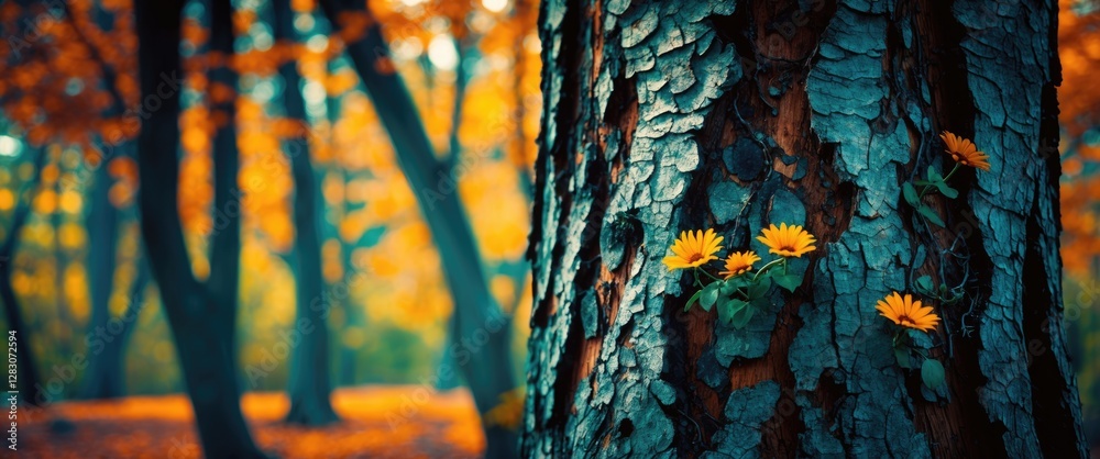 Poster textured tree trunk with vibrant autumn foliage and yellow flowers creating a serene forest atmosphe