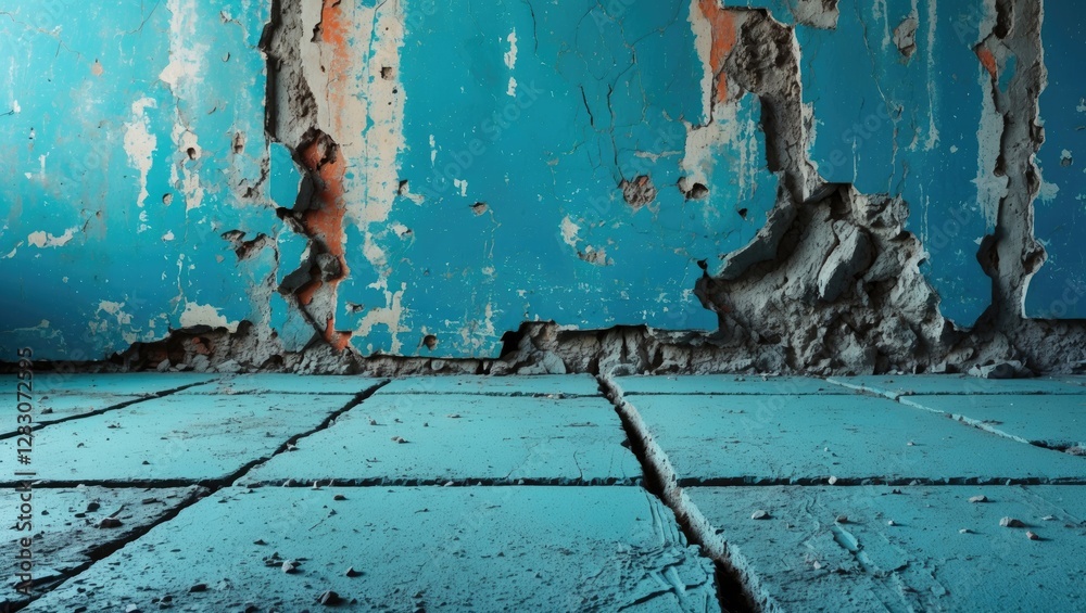 Poster close up view of distressed concrete floor with peeling blue wall background showcasing texture and 