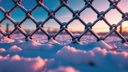 Close up of a chain-link fence covered in fresh snow with a colorful sunset background creating an abstract winter scene.